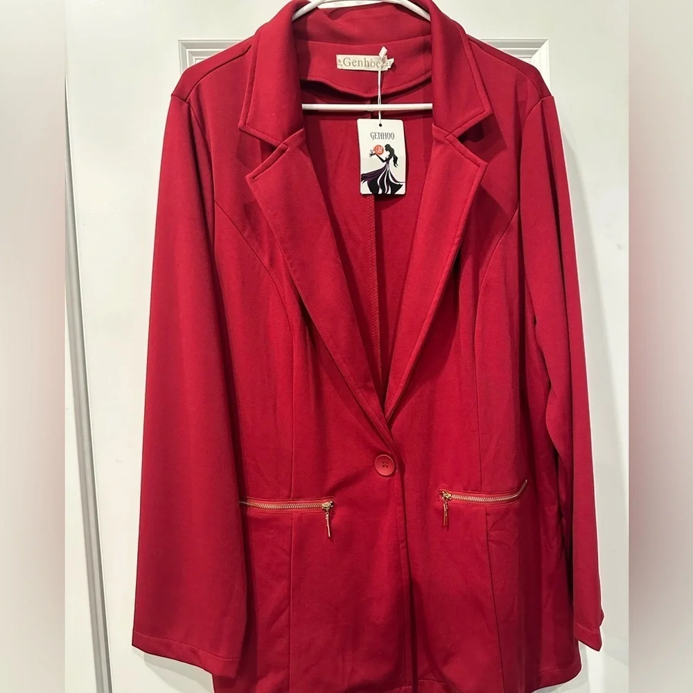 Genhoo Women's Red Long Sleeve Blazer Open Front Cardigan Jacket Work - Picture 6 of 10